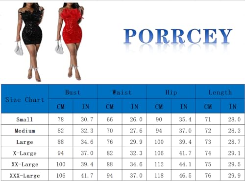 PORRCEY Ladies Sexy Hot Drill Craft Off Shoulder Sequin Feather Sexy Mini Dress Party Club Evening Dress(K2852,Black,3XL)