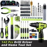 POWKITS Cordless Drill: 12V Power Drill Set with Lithium Battery, 142Pcs Electric Tools Set with 3/8"Keyless Chuck, Portable Household Basic Tool Kit with Tool Box for Home, Green