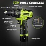 POWKITS Cordless Drill: 12V Power Drill Set with Lithium Battery, 142Pcs Electric Tools Set with 3/8"Keyless Chuck, Portable Household Basic Tool Kit with Tool Box for Home, Green