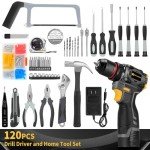 JEXUGK Cordless Drill Tool Set, 18V Brushless Compact Power Drill Kit with 2 Battery, 120 PCS Household Tool Kit with Driver Taladro, Men Electric Taladros Inalámbricos for Daily Home Repair