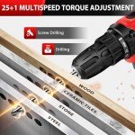 21V Cordless Drill Set, Electric Power Drill Set with Battery & Charger, Built-in LED, 3/8” Keyless Chuck, 2 Variable Speed, 398 In-lb Torque, 25+1 Position and 29pcs Drill/Driver Bits