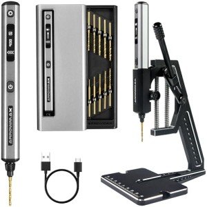 AM ARROWMAX 5-Speed Mini Electric Drill Pen with Benchtop Press, 10 Small Bits with Aluminium Box, LED Lights, OLED Display, Resin Drill Set For Jewelry Making, Plastic, Wood