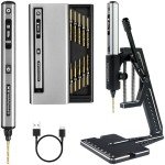AM ARROWMAX 5-Speed Mini Electric Drill Pen with Benchtop Press, 10 Small Bits with Aluminium Box, LED Lights, OLED Display, Resin Drill Set For Jewelry Making, Plastic, Wood