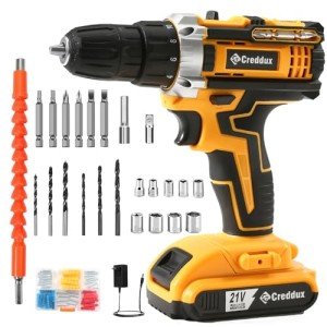 Creddux Cordless Drill Set 21v Power Drill Cordless With Battery & Charger, 84pcs Accessories Electric Drills Variable Speed, 3/8" Keyless Chuck, Built-In Level and 2 Driver orange kit