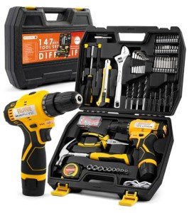 DIFFLIFE 12V Drill Driver Power Tool Combo Kits with Cordless Drill, Professional Household Home Tool Kit Set, DIY Hand Tool Kits for Garden Office House Repair Yellow