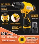 DIFFLIFE 12V Drill Driver Power Tool Combo Kits with Cordless Drill, Professional Household Home Tool Kit Set, DIY Hand Tool Kits for Garden Office House Repair Yellow