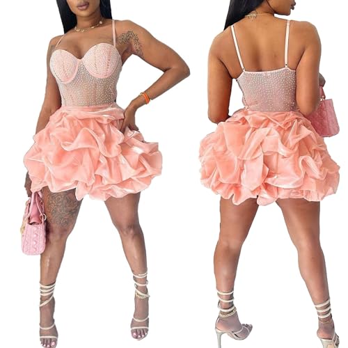 PORRCEY Ladies Sexy Hot Drill Craft Sleeveless Sexy Mini Dress Party Club Evening Dress(K2820,Pink,L)