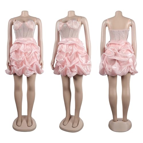 PORRCEY Ladies Sexy Hot Drill Craft Sleeveless Sexy Mini Dress Party Club Evening Dress(K2820,Pink,L)