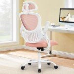 Sweetcrispy Home Office Computer Desk Chair, Ergonomic High-Back Mesh Rolling Work Chairs with Wheels and Adjustable Headrests, Comfortable Lumbar Support, Comfy Flip-up Arms for Bedroom, Study, Pink