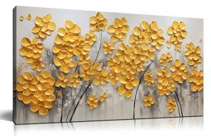SKYRISE Abstract Golden Floral Wall Art for Living Room, Yellow Flower Wall Decor for Bedroom, Modern Canvas Art Wall Decor, Home Decoration Blooming Floral Picture, Size 40x20 Inches