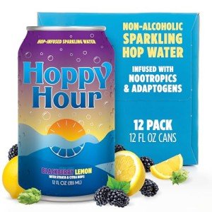 Hoppy Hour Sparkling Hop Water, Non-Alcoholic and Adaptogens Drink, Zero Sugar and Calories, Refreshing Blackberry Lemon Flavor, 12 oz Cans (12-Pack)
