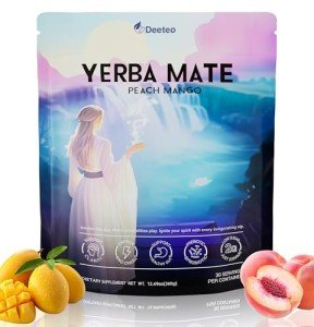 Yerba Mate Instant Tea Powder, Peach-Mango Flavor Super Drink, Mental Clarity, Clean Energy & Digestive Support, Rich in Prebiotics & Probiotics, Stay Fresh, Focused, 30 Servings