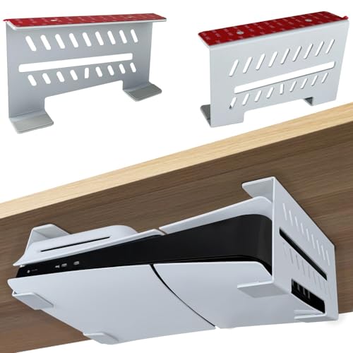 Under Desk Mount for PS5 Slim/PS5, Chanvoo Aluminum Under Desk Holder Compatible with Playstation 5 Slim/PS5 Disc & Digital Console No Drill (White)