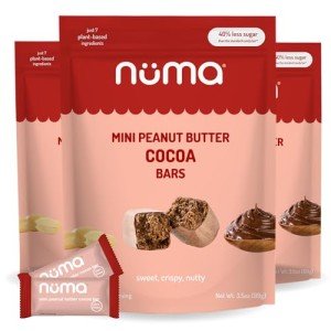 Numa Mini Peanut Butter Cocoa Bars - Vegan, Low Sugar, High Protein, Natural, Gluten Free - Crunchy Plant Based PB Snacks - 3 Bags with 8 Individually Wrapped Chocolate Protein Bars