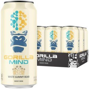 Gorilla Mind Energy Drink | Unmatched Energy · Amplified Focus | N-Acetyl-L-Tyrosine, Alpha-GPC, 200mg Caffeine, Uridine, Saffron | 0 Sugar Or Artificial Colors | 16oz, 12-Pack (White Gummy Bear)