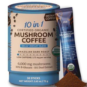 10-in-1 USDA Certified Organic Decaf Mushroom Coffee for Weight Loss, Instant Mushroom Coffee Decaf, Brazilian Dark Roast for Better Energy, Focus, Gut Health, 30 Sticks - ShroomDNA