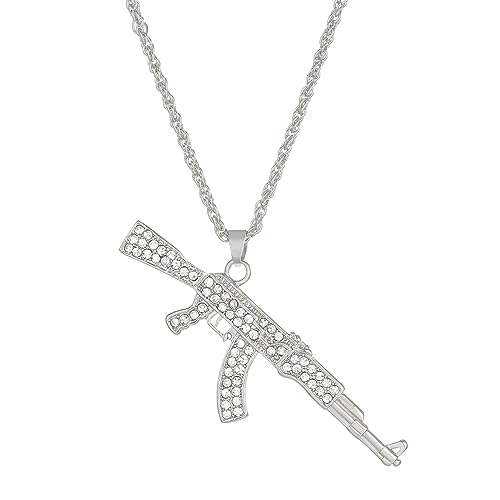 Gun Necklace for Men Women Titanium steel Full drill CZ Machine Gun Charm Pendants Silver and Gold Plated Hip hop Submachine Gun Pendant Necklaces Rifle Shape Army Style Gun Pendent Necklace Fashion Boy Men's Jewelry (Silver)