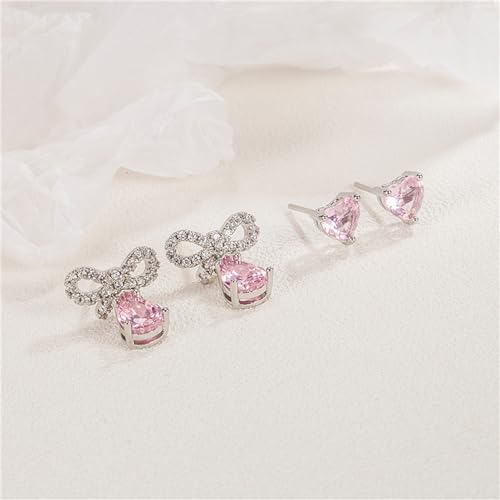 ASHMITA Pink Heart-shaped Zircon earrings Crystal drill bow earrings Pink Water drop Silver earrings set Peach heart Dangle Drop Earrings Jewelry for Women Girls