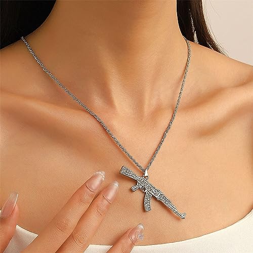 Gun Necklace for Men Women Titanium steel Full drill CZ Machine Gun Charm Pendants Silver and Gold Plated Hip hop Submachine Gun Pendant Necklaces Rifle Shape Army Style Gun Pendent Necklace Fashion Boy Men's Jewelry (Silver)