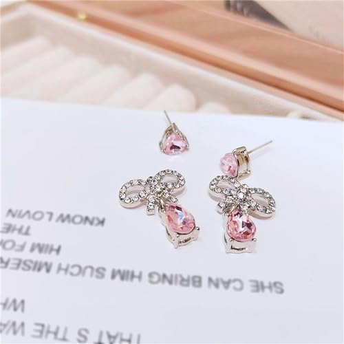 ASHMITA Pink Heart-shaped Zircon earrings Crystal drill bow earrings Pink Water drop Silver earrings set Peach heart Dangle Drop Earrings Jewelry for Women Girls
