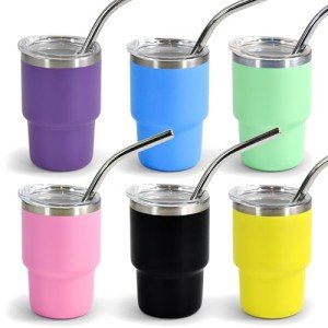 AGH 3 oz Mini Tumbler Shot Glass with Straw and Lid,6 Pack Colored Matte Stainless Steel Shot Glasses for Wedding Party Whiskey Cocktail Bar