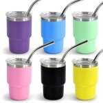AGH 3 oz Mini Tumbler Shot Glass with Straw and Lid,6 Pack Colored Matte Stainless Steel Shot Glasses for Wedding Party Whiskey Cocktail Bar