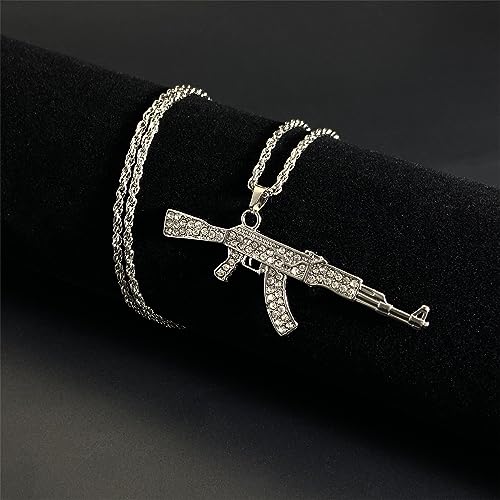Gun Necklace for Men Women Titanium steel Full drill CZ Machine Gun Charm Pendants Silver and Gold Plated Hip hop Submachine Gun Pendant Necklaces Rifle Shape Army Style Gun Pendent Necklace Fashion Boy Men's Jewelry (Silver)