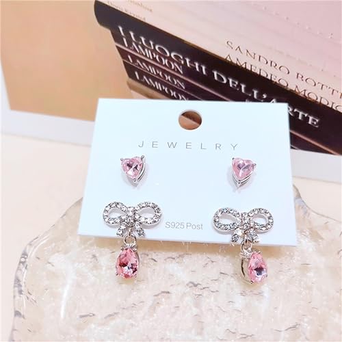 ASHMITA Pink Heart-shaped Zircon earrings Crystal drill bow earrings Pink Water drop Silver earrings set Peach heart Dangle Drop Earrings Jewelry for Women Girls
