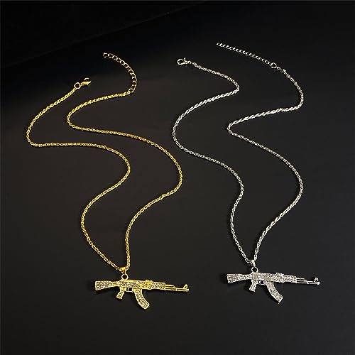Gun Necklace for Men Women Titanium steel Full drill CZ Machine Gun Charm Pendants Silver and Gold Plated Hip hop Submachine Gun Pendant Necklaces Rifle Shape Army Style Gun Pendent Necklace Fashion Boy Men's Jewelry (Silver)