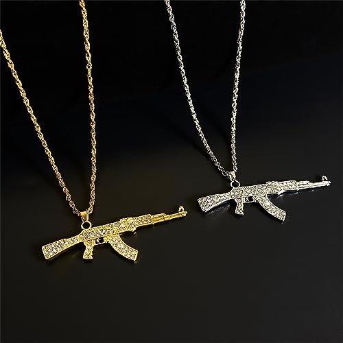 Gun Necklace for Men Women Titanium steel Full drill CZ Machine Gun Charm Pendants Silver and Gold Plated Hip hop Submachine Gun Pendant Necklaces Rifle Shape Army Style Gun Pendent Necklace Fashion Boy Men's Jewelry (Silver)