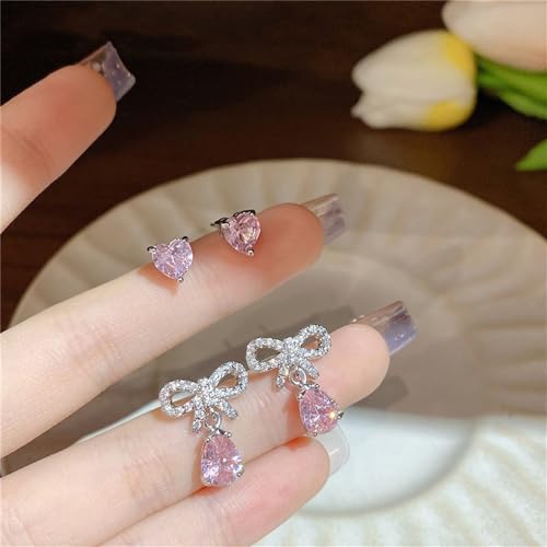 ASHMITA Pink Heart-shaped Zircon earrings Crystal drill bow earrings Pink Water drop Silver earrings set Peach heart Dangle Drop Earrings Jewelry for Women Girls