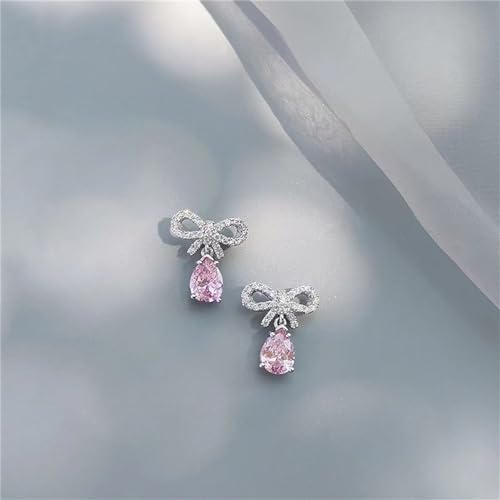 ASHMITA Pink Heart-shaped Zircon earrings Crystal drill bow earrings Pink Water drop Silver earrings set Peach heart Dangle Drop Earrings Jewelry for Women Girls