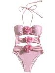 BYINDED Women's One Piece Halter Top with Flower Decoration Bikini Sexy Bathing Swimsuits