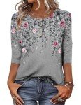 Zeagoo Women's Floral Printed Crew Neck Three Quarter Sleeve Blouses Dressy Casual Basic T Shirt Cute Work Top Going Out Tops