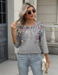 Zeagoo Women's Floral Printed Crew Neck Three Quarter Sleeve Blouses Dressy Casual Basic T Shirt Cute Work Top Going Out Tops
