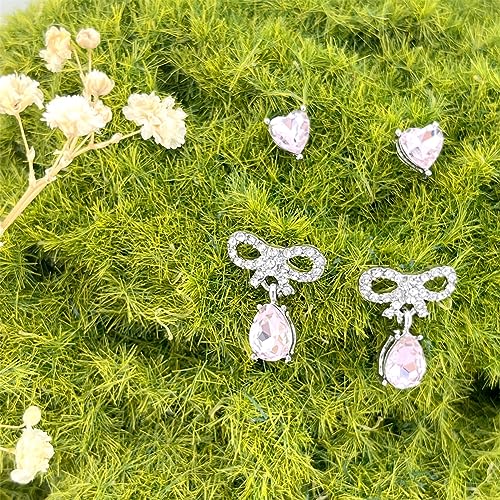 ASHMITA Pink Heart-shaped Zircon earrings Crystal drill bow earrings Pink Water drop Silver earrings set Peach heart Dangle Drop Earrings Jewelry for Women Girls