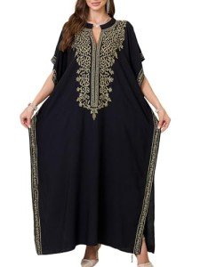 Women Golden Floral Embroidery V Neck Kaftan Loose Oversized Casual Beach Cover Up Long Caftans Bathing Suit Maxi Dress Black