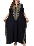 Women Golden Floral Embroidery V Neck Kaftan Loose Oversized Casual Beach Cover Up Long Caftans Bathing Suit Maxi Dress Black