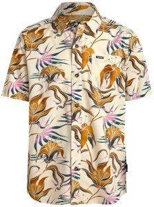 Volcom Boys Button Down Shirt - Casual Woven Cotton Short Sleeve Hawaiian Summer Collared Shirts for Boys (8-16), Size 10-12, Off White Floral