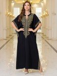 Women Golden Floral Embroidery V Neck Kaftan Loose Oversized Casual Beach Cover Up Long Caftans Bathing Suit Maxi Dress Black
