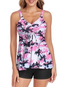 Womens Tankini Swimsuits Two Piece Swimsuit for Women Tummy Control Bathing Suit with Boyshort Swimsuits Athletic 2 Piece Swim Suits Slimming Bathing Suits White Pink Floral X-Large