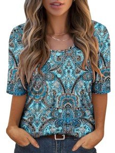 ONLYSHE Summer Flowy Tops for Women Trendy Short Sleeve Shirts O Neck Tunic Blue Pattern Blouse L