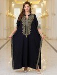 Women Golden Floral Embroidery V Neck Kaftan Loose Oversized Casual Beach Cover Up Long Caftans Bathing Suit Maxi Dress Black