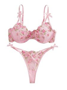Lilosy Sexy Cute Underwire Push Up Strappy Heart Embroidered Mesh Sheer Lingerie Set for Women See Through Bra and Panty 2 Piece Bow Flower Pink Medium