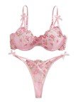 Lilosy Sexy Cute Underwire Push Up Strappy Heart Embroidered Mesh Sheer Lingerie Set for Women See Through Bra and Panty 2 Piece Bow Flower Pink Medium