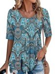 ONLYSHE Summer Flowy Tops for Women Trendy Short Sleeve Shirts O Neck Tunic Blue Pattern Blouse L