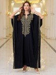 Women Golden Floral Embroidery V Neck Kaftan Loose Oversized Casual Beach Cover Up Long Caftans Bathing Suit Maxi Dress Black