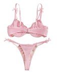 Lilosy Sexy Cute Underwire Push Up Strappy Heart Embroidered Mesh Sheer Lingerie Set for Women See Through Bra and Panty 2 Piece Bow Flower Pink Medium