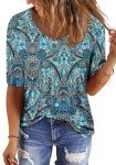 ONLYSHE Summer Flowy Tops for Women Trendy Short Sleeve Shirts O Neck Tunic Blue Pattern Blouse L