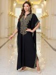 Women Golden Floral Embroidery V Neck Kaftan Loose Oversized Casual Beach Cover Up Long Caftans Bathing Suit Maxi Dress Black